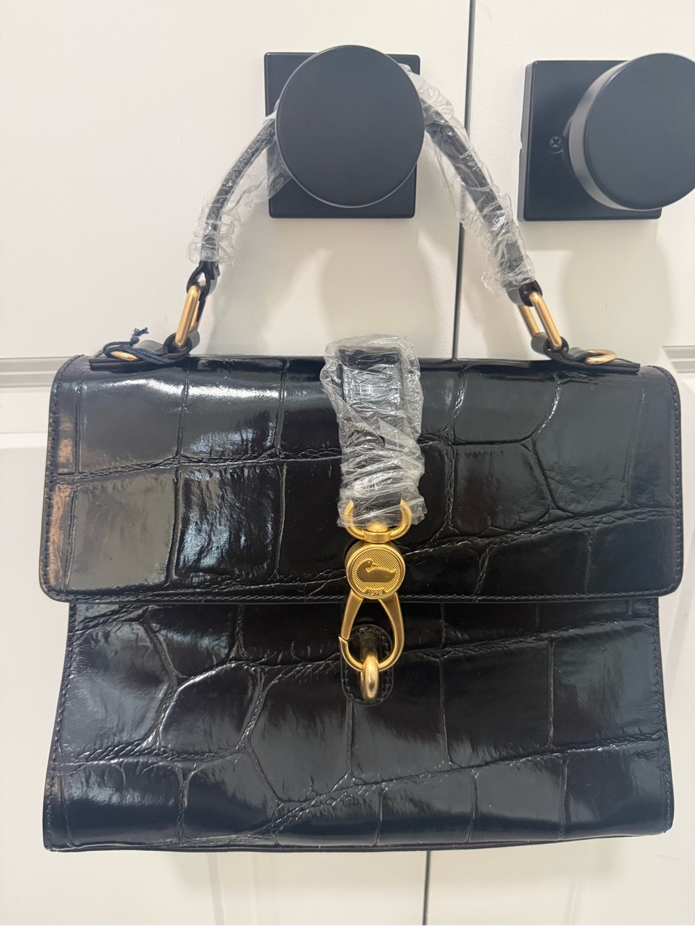 Dooney & Bourke Black Croc-Embossed Top Handle Claire Satchel with Gold Hardware - Picture 4 of 10